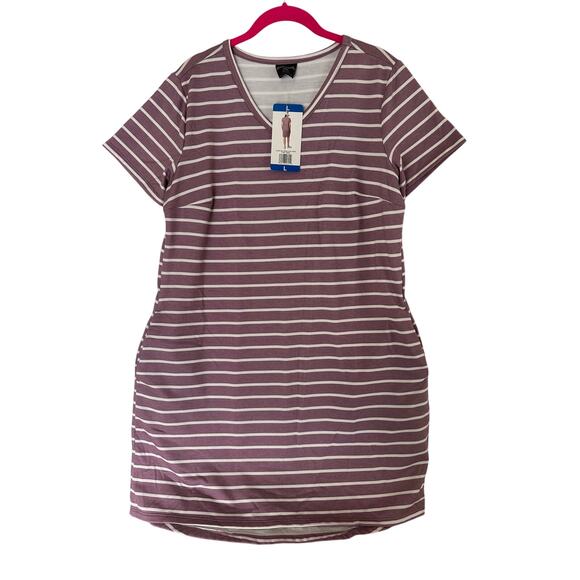 32 Degrees COOL Womens Short Sleeve V-Neck Dress Ballerina Pink Stripe Large NWT - Picture 1 of 5